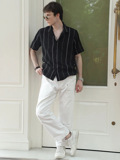 Offbeat Black Half Sleeve Stripe Shirt