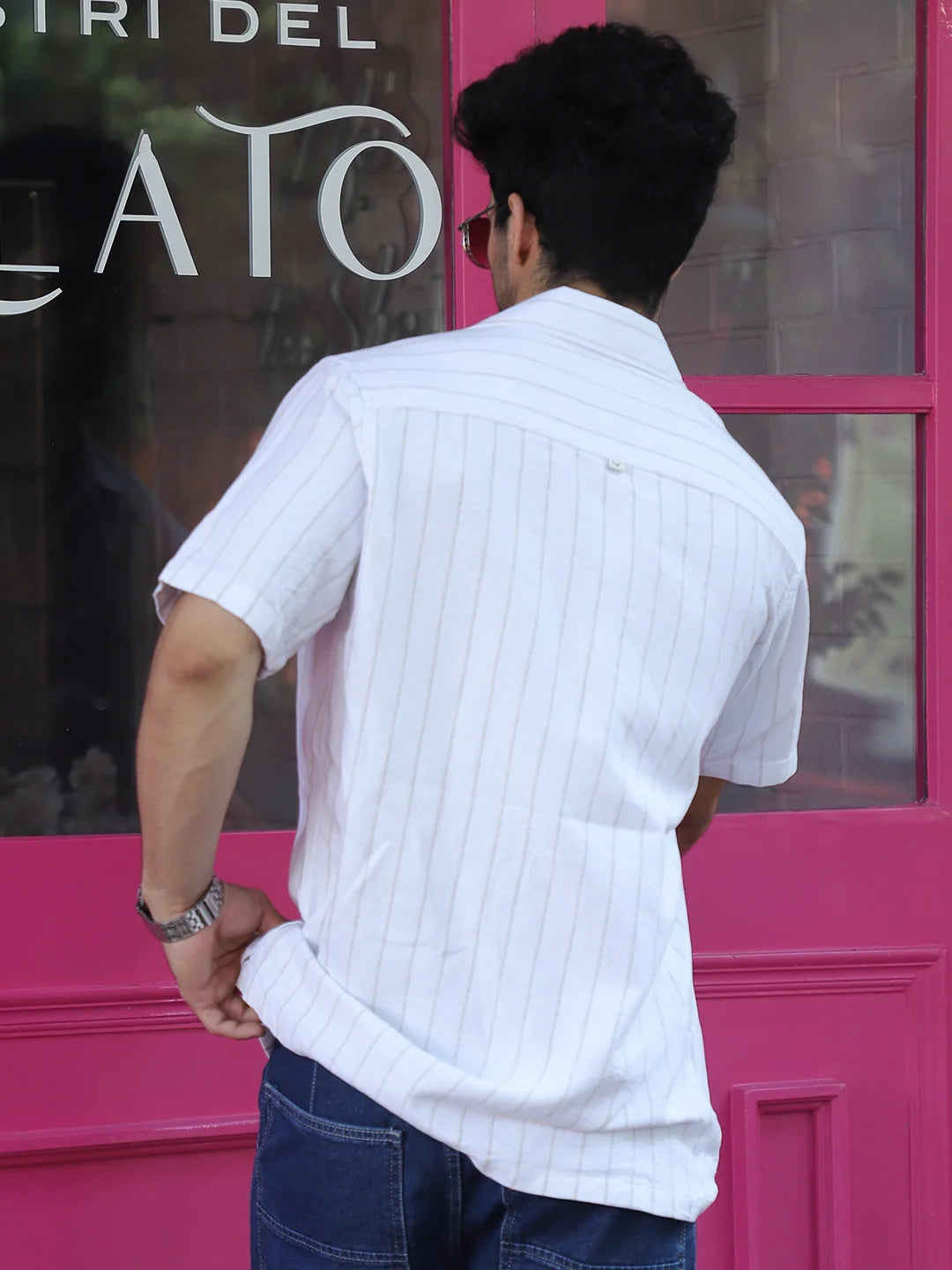Linen White Half Sleeve Stripe Shirt