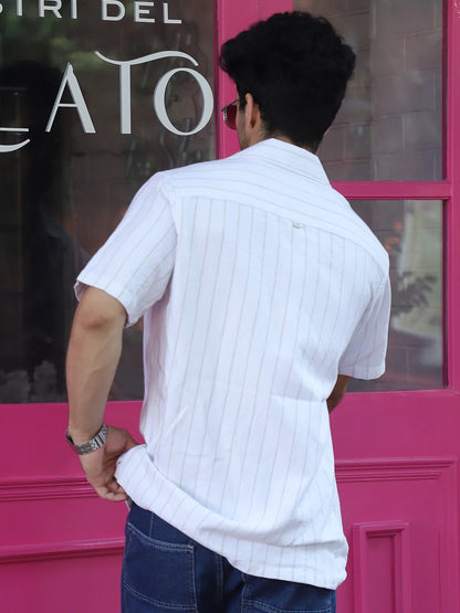 Linen White Half Sleeve Stripe Shirt