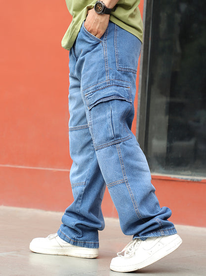 Noir Azure Blue Baggy Fit Denim Cargo
