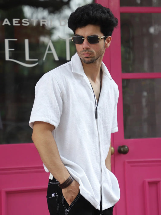 Tactile Textured White Half Sleeve Shirt