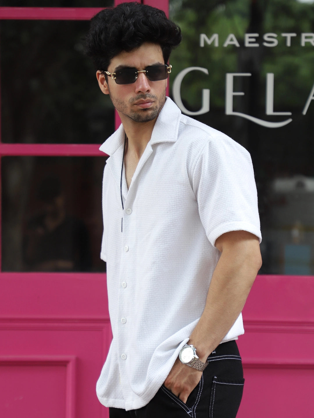Tactile Textured White Half Sleeve Shirt